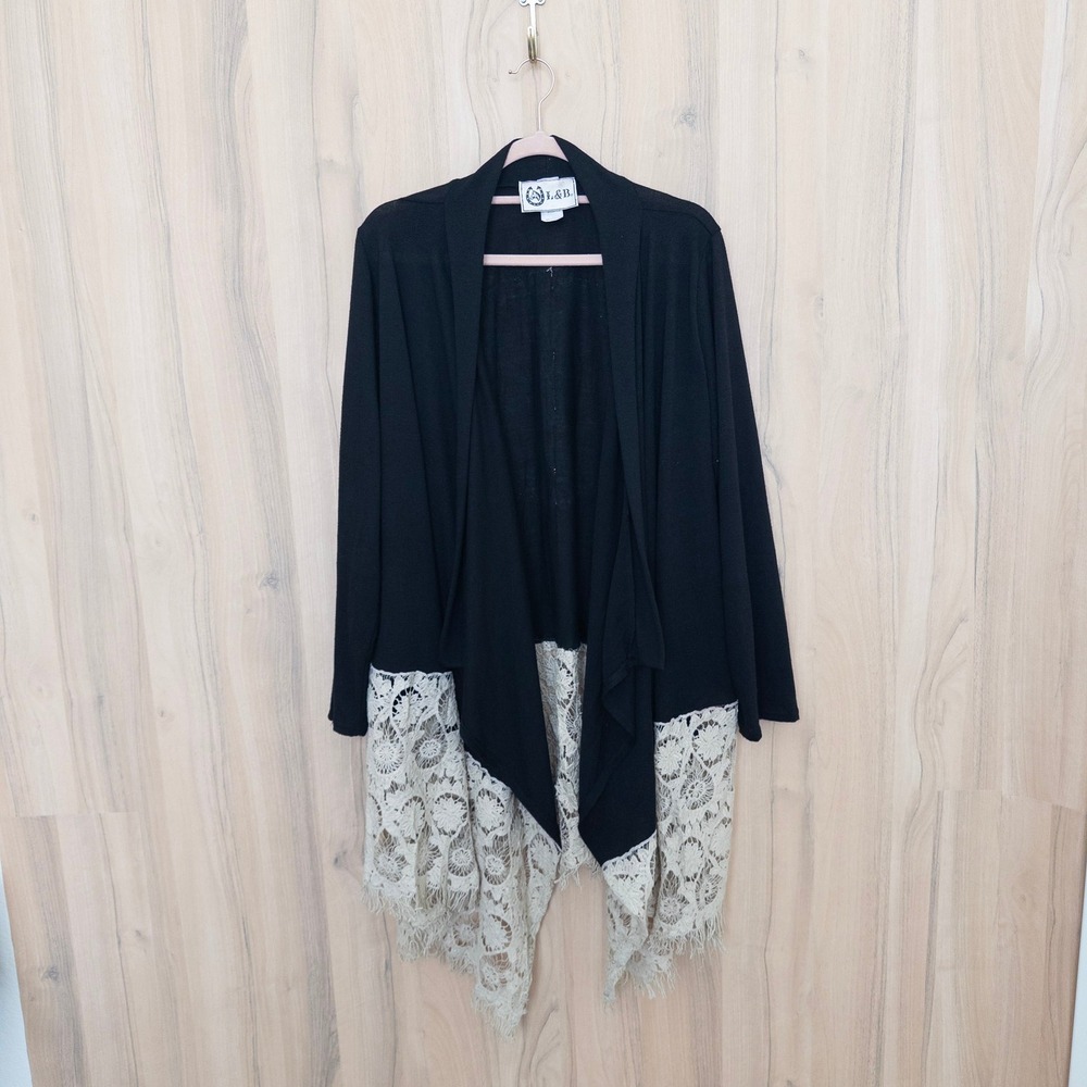Vintage L&B Women Cardigan XL Black Lace Trim Open Front Draped Boho Western